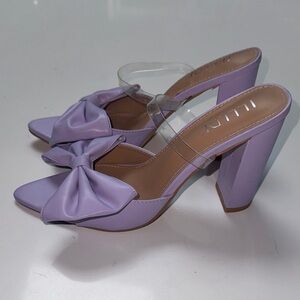 Lilac Bow Block Heel Mules with Clear Strap